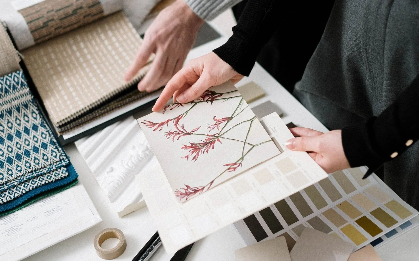 Comparing fabric swatches and material samples before purchasing